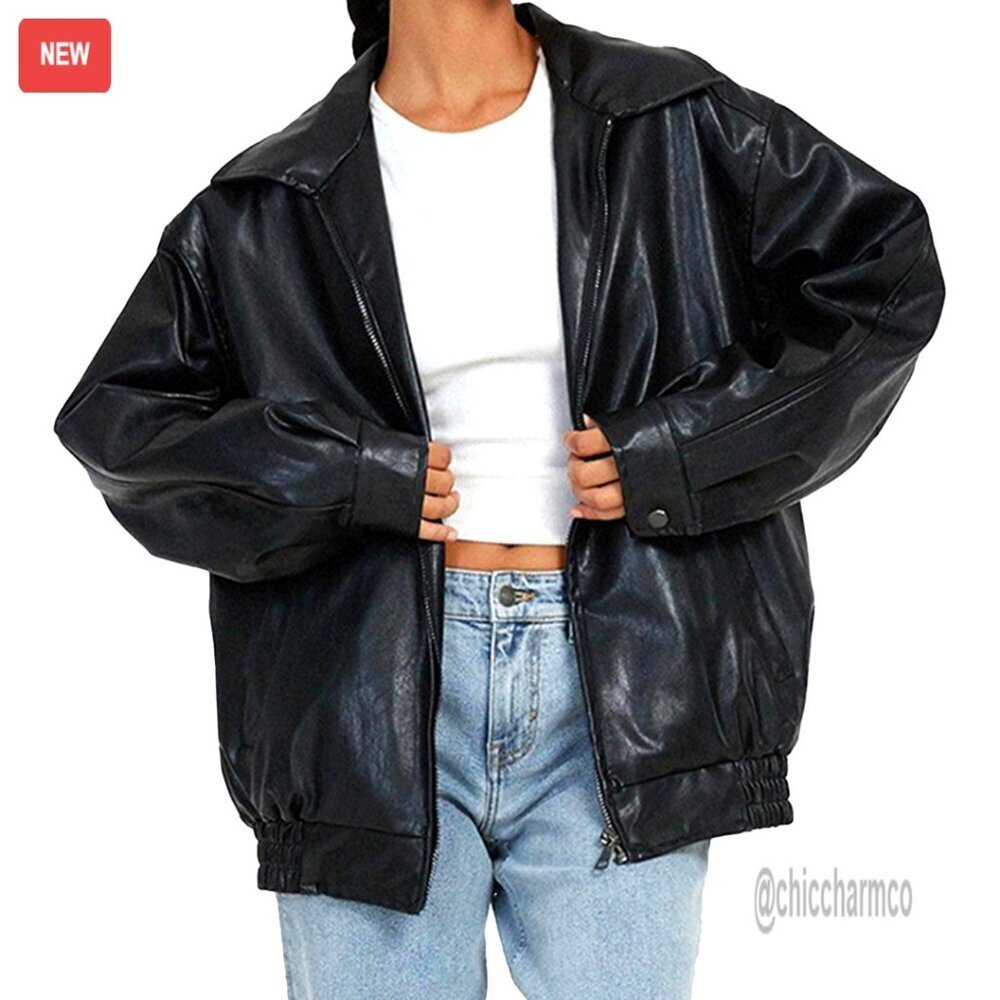 Oversized Faux Leather Bomber Jacket Motorcycle Style Y2K Chic Fashion
